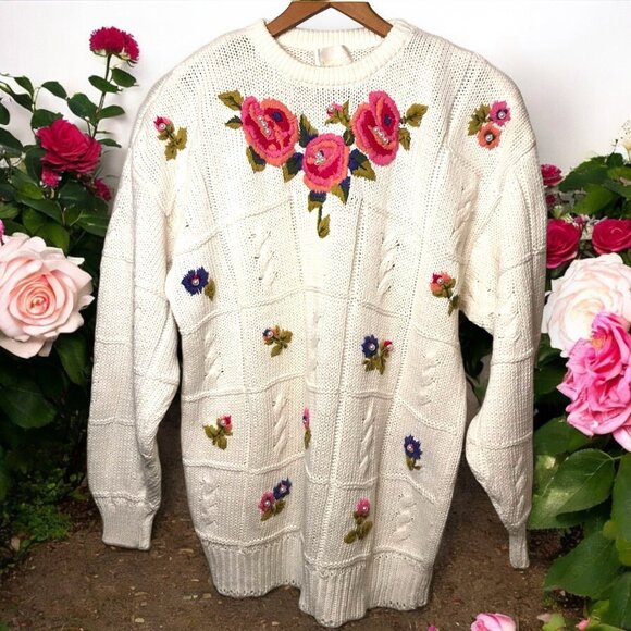 Vintage Needles & Yarn Women's Floral Pearl Embroidered Sweater Small Grannycore - Picture 1 of 8
